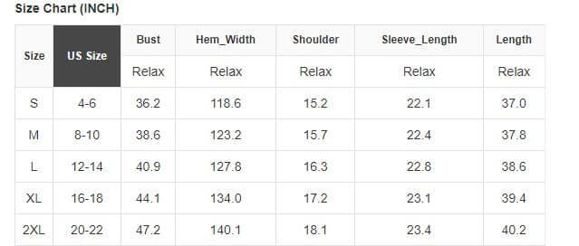 Dress size chart in inches showing bust, hem width, shoulder, sleeve length, and overall length for sizes S to 2XL.