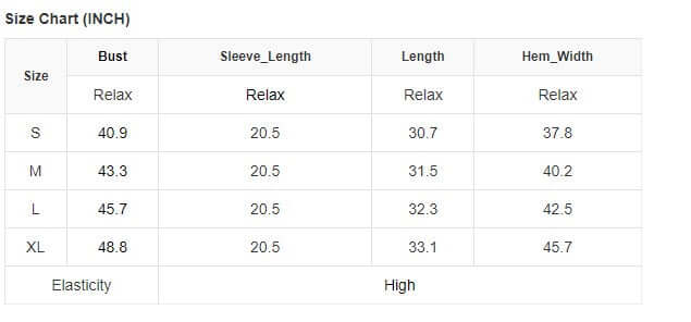 Size chart for Cardigan with bust, sleeve length, length, hem width measurements for sizes S to XL, high elasticity.