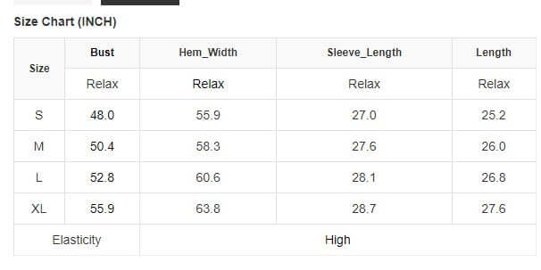 Size chart in inches for Lilac Luxe Top, showing bust, hem width, sleeve length, and length for sizes S to XL with high elasticity.