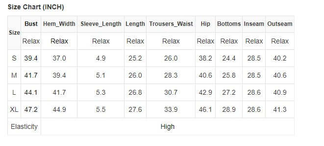 Size chart for Fully Jaded Set with bust, hem width, sleeve length, length, waist, hip, inseam, and outseam measurements in inches.