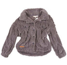 Charcoal gray Simply Soft Sherpa Jacket with cable knit design and button front, perfect for comfort and style.