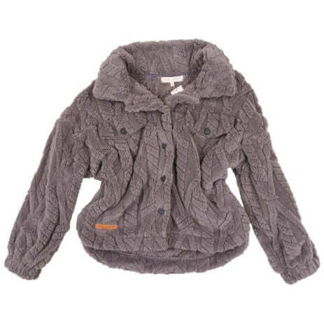 Charcoal gray Simply Soft Sherpa Jacket with cable knit design and button front, perfect for comfort and style.