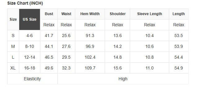 Size chart for Penny For Your Thoughts Maxi Dress by Vivian-Lu, showing measurements for bust, waist, hem, shoulder, and sleeve length.