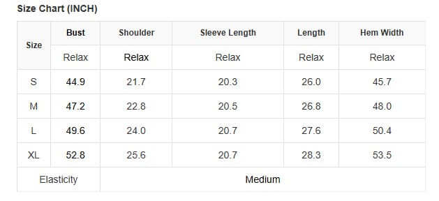 Size chart for READ BETWEEN THE LINES Top by Vivian-Lu, showing bust, shoulder, sleeve length, overall length, and hem width in inches.