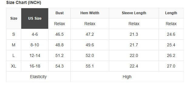 Size chart for top with US sizes S to XL, showing bust, hem, sleeve length, and overall length in inches. Elasticity is high.