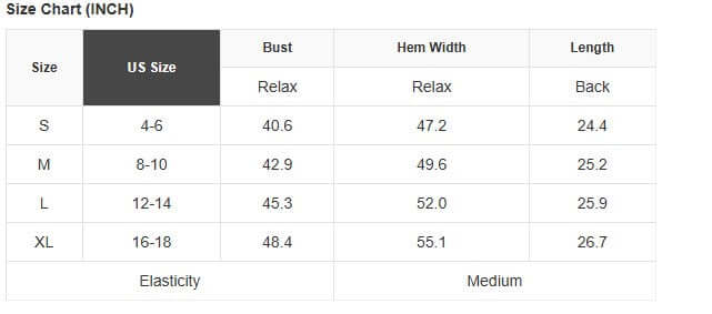 Size chart for SEQUIN SIREN Top showing US sizes S, M, L, and XL with bust, hem width, and length measurements.