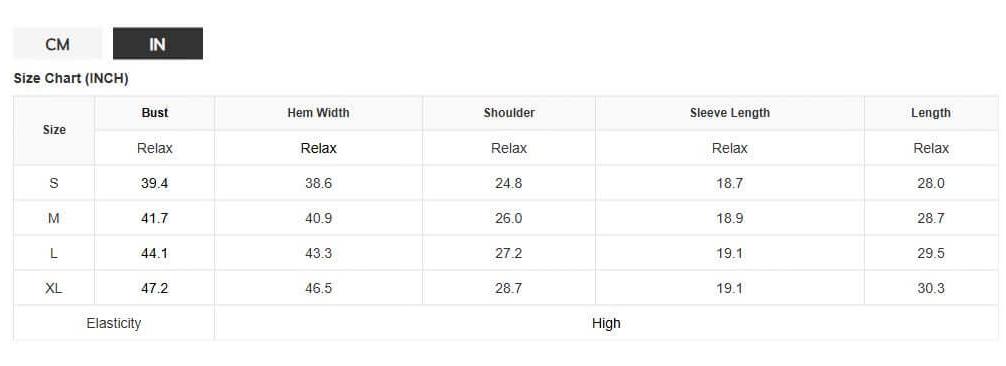 Size chart for UNLIMITED POTENTIAL Top by Vivian-Lu, featuring measurements in CM and inches for accurate fitting.