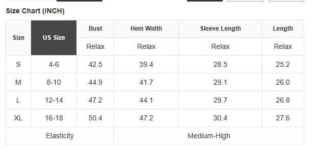 Size chart for TIES THAT BIND CREWNECK TOP, detailing US sizes S to XL with measurements for bust, hem, sleeve length, and overall length.