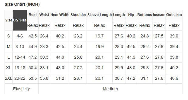 Size chart for ELEMENTAL ENERGY SET showing measurements for S, M, L, XL, and 2XL in inches.