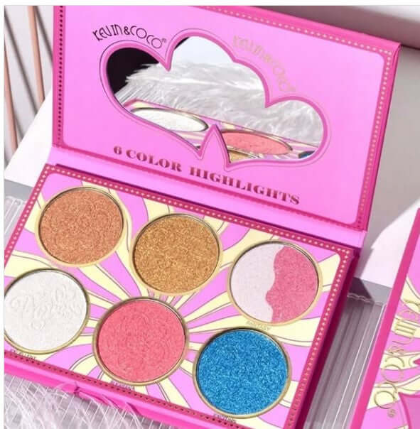 Kevin & Coco Cupid Hey Eyeshadow Palette showcasing six vibrant highlight shades in a colorful packaging design.