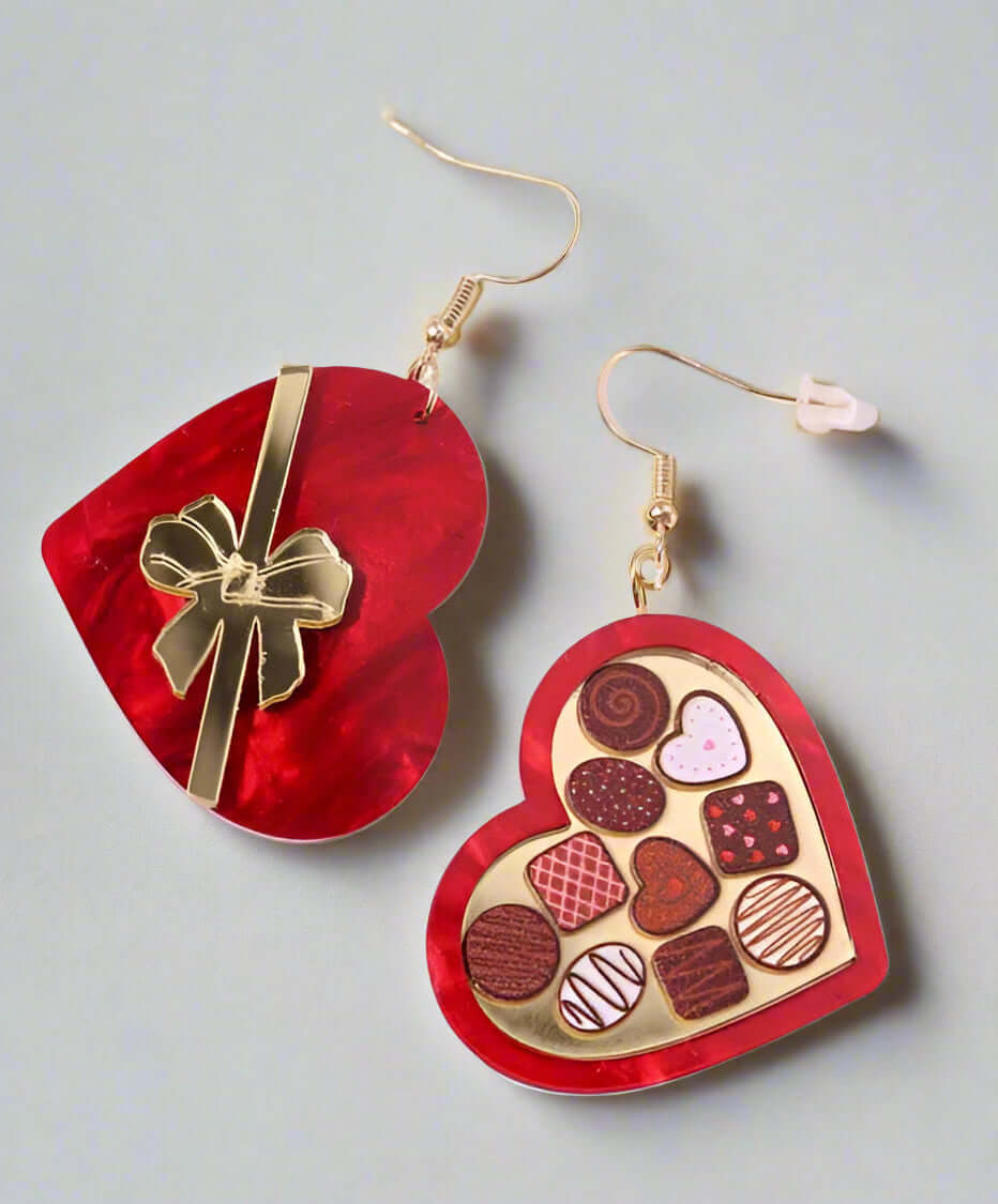 Heart-shaped earrings resembling a box of chocolates, perfect for Valentine's Day gifts.