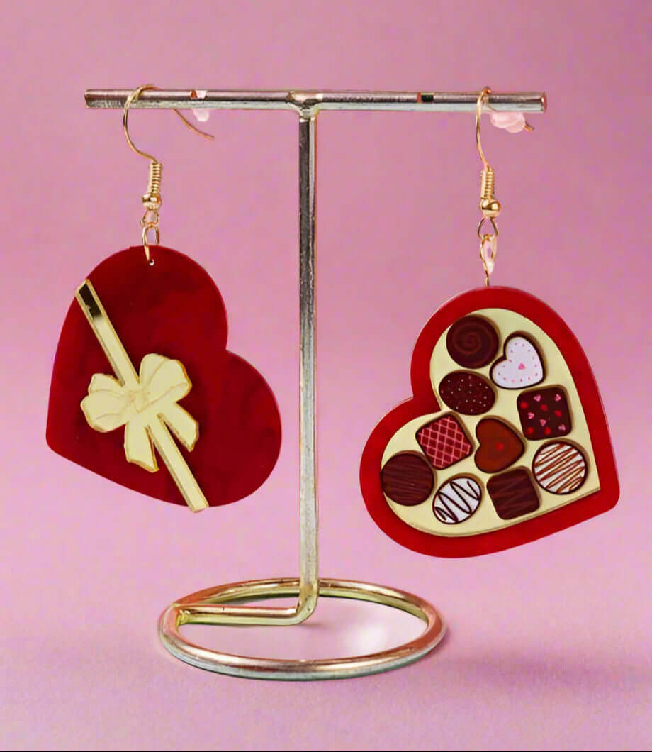 Heart-shaped earrings resembling a box of chocolates, perfect for Valentine's Day, elegant and sweet.