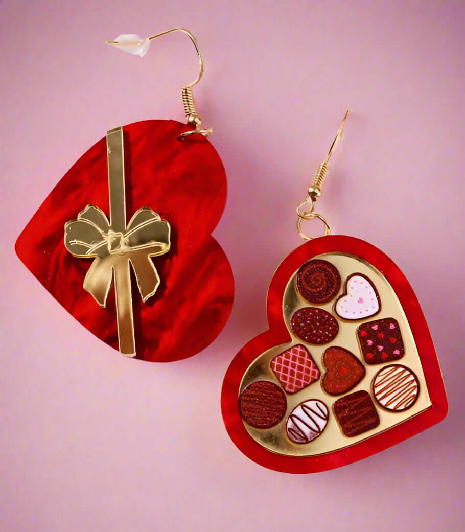 Heart-shaped earrings resembling a box of chocolates, perfect for Valentine's Day. Size: 1.5 in X 2.5 in.
