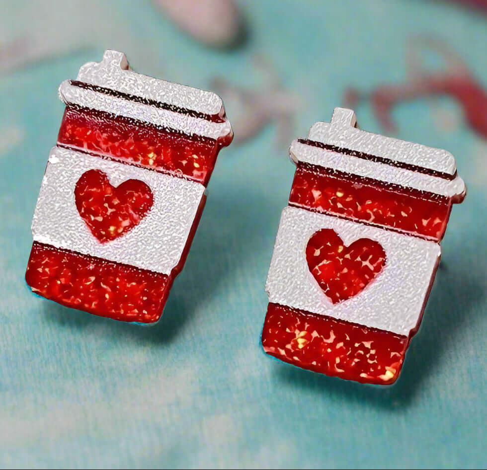 Coffee cup acrylic stud earrings with red accents and heart design, perfect for stylish casual wear.