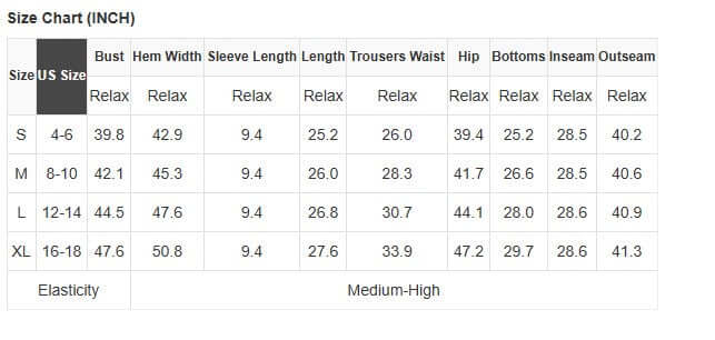 Size chart for Pink Cloud lounge set showing measurements for S, M, L, and XL in inches for a perfect fit.