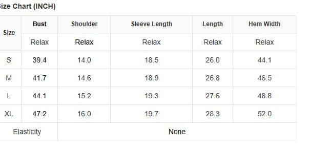 Size chart for Lace for Days top showing bust, shoulder, sleeve length, length, and hem width measurements in inches.