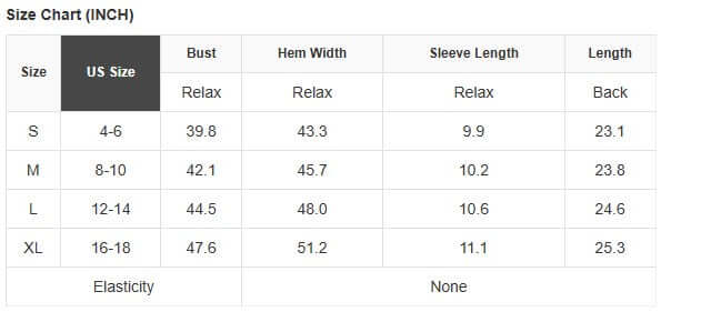 Size chart for Wild Outlook blouse showing US sizes S to XL with measurements in inches.