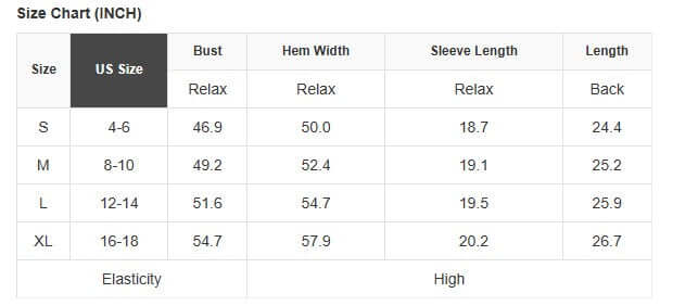 Size chart for Enchanted Aura Top showing measurements for small to extra-large sizes.