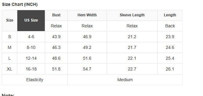 Size chart for A Fine Line Top showing US sizes and measurements in inches for bust, hem, sleeve length, and total length.