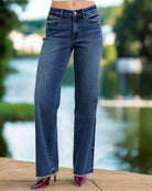 Judy Blue Mia dark wash midrise wide leg jeans with a 32.5” inseam and 10” front rise.