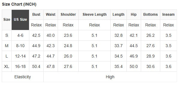 Size chart for Dream Daze Romper including measurements for S, M, L, and XL in inches.