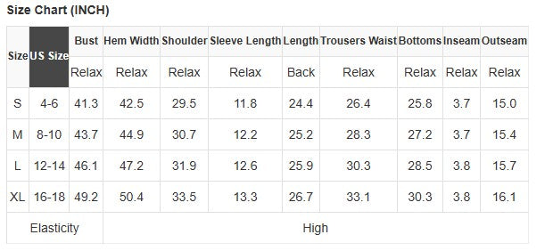 Size chart for Weekend Check-In Set, displaying measurements for S, M, L, and XL in inches.