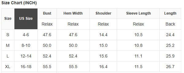 Size chart for Garden Gala Top showing bust, hem width, shoulder, sleeve length, and length in inches.