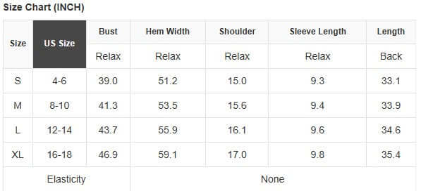 Size chart for Blue Jean Breeze Dress in inches, featuring US sizes S to XL and measurements for bust and length.