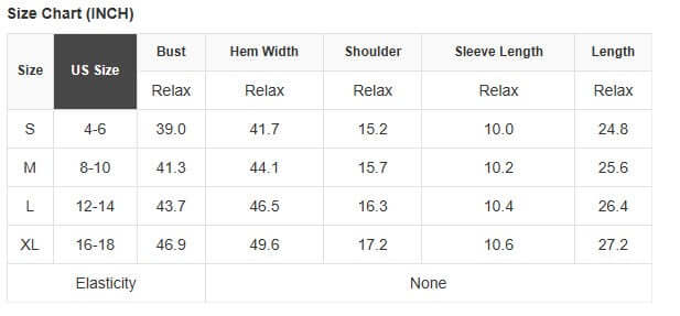 Size chart for Fringe Benefits top showing bust, hem width, shoulder, sleeve length, and length measurements.