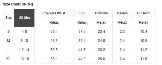 Size chart for SKORT STORY - US sizes S to XL with measurements for waist, hip, bottoms, inseam, and outseam.