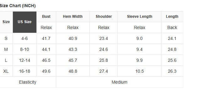 US size chart for the Vanilla Vibe Ribbed Top showing measurements for S, M, L, and XL sizes.