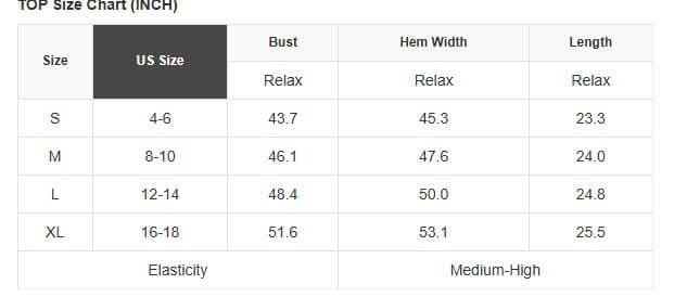 Size chart for Americana Mood Top, showing US sizes and measurements in inches for a perfect fit.