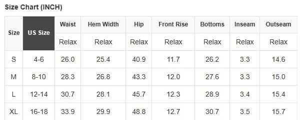 Size chart for Picnic Perfect Shorts showing waist, hem width, hip, rise, inseam, and outseam measurements.
