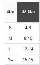 Size chart for Tropical Tango Blouse, showing sizes S, M, L, XL and corresponding US size ranges.