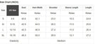 Size chart for women's clothing showing US sizes S to XL with bust, hem width, shoulder, sleeve length, and total length.