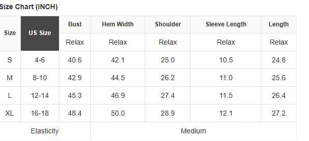 Size chart for women's clothing showing US sizes S to XL with bust, hem width, shoulder, sleeve length, and total length.
