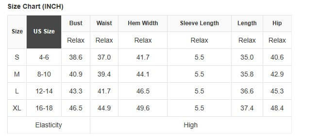 Size chart for Perfect Pathways Dress showing US sizes small to XL with measurements in inches.