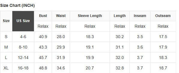 Size chart for Wave Dancer Romper showing measurements for S, M, L, and XL in inches.
