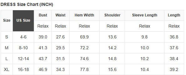 Dress size chart showing measurements for S, M, L, and XL sizes in inches.