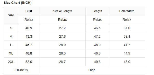 Size chart for Blackout Bliss Cardigan showing measurements for S, M, L, XL, and 2XL.