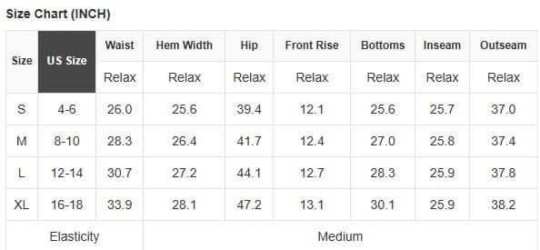 Size chart for Daisy Daydreamer pants showing US sizes and measurements in inches.