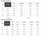 Size chart for Oasis Moment 2 Piece Pants Set showing measurements for tops and pants in inches.