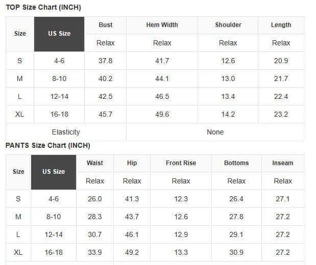 Size chart for Oasis Moment 2 Piece Pants Set showing measurements for tops and pants in inches.