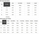 Size chart for women's tops and pants in inches, detailing bust, hem, shoulder, and length measurements.