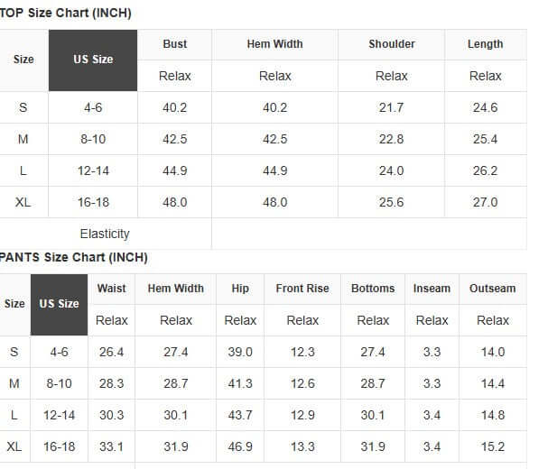 Size chart for women's tops and pants in inches, detailing bust, hem, shoulder, and length measurements.