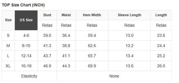 Rodeo Romance Top size chart in inches showing S to XL measurements for bust, waist, and sleeve length.