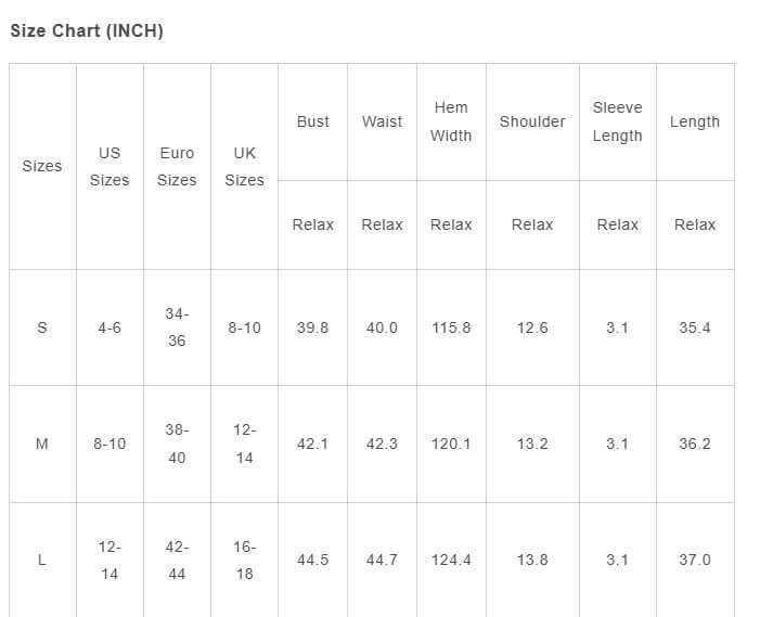 Size chart for Woodland Walks Dress including measurements for small, medium, and large sizes in inches.