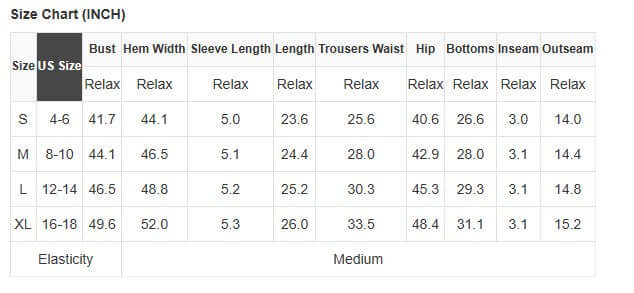Size chart for Zest for Life shorts set showing measurements for S, M, L, and XL sizes in inches.