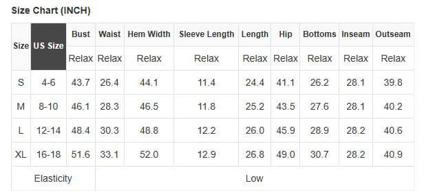 Size chart for Sunset Stroll Pants Set, showing bust, waist, length, and hip measurements in inches.
