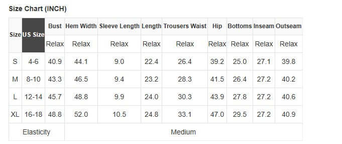 Size chart for Soft Serenade Set showing measurements for S, M, L, and XL in inches.